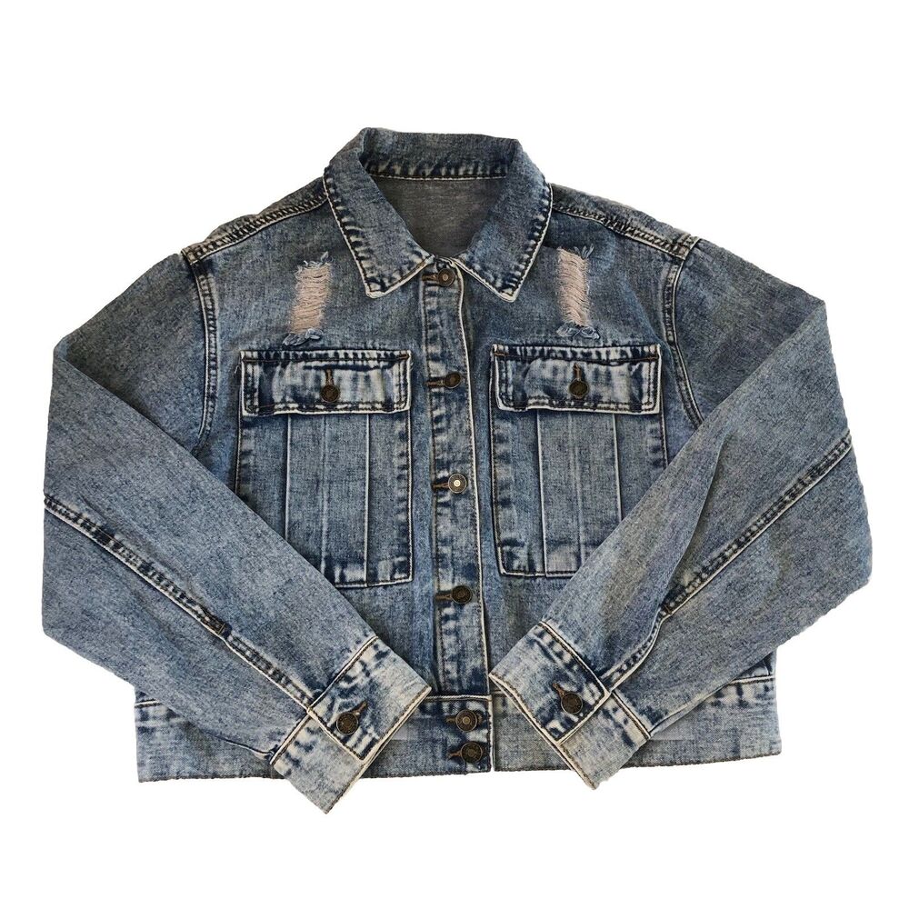SHEIN Women Light Wash Distressed Denim Jacket Cropped Trucker Size Large